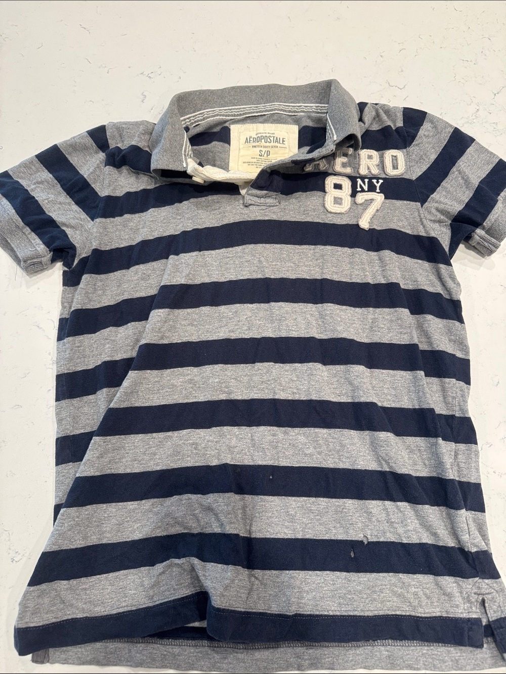 Aeropostale Boys Navy and Gray Striped Polo Shirt with Embroidered Aero 87